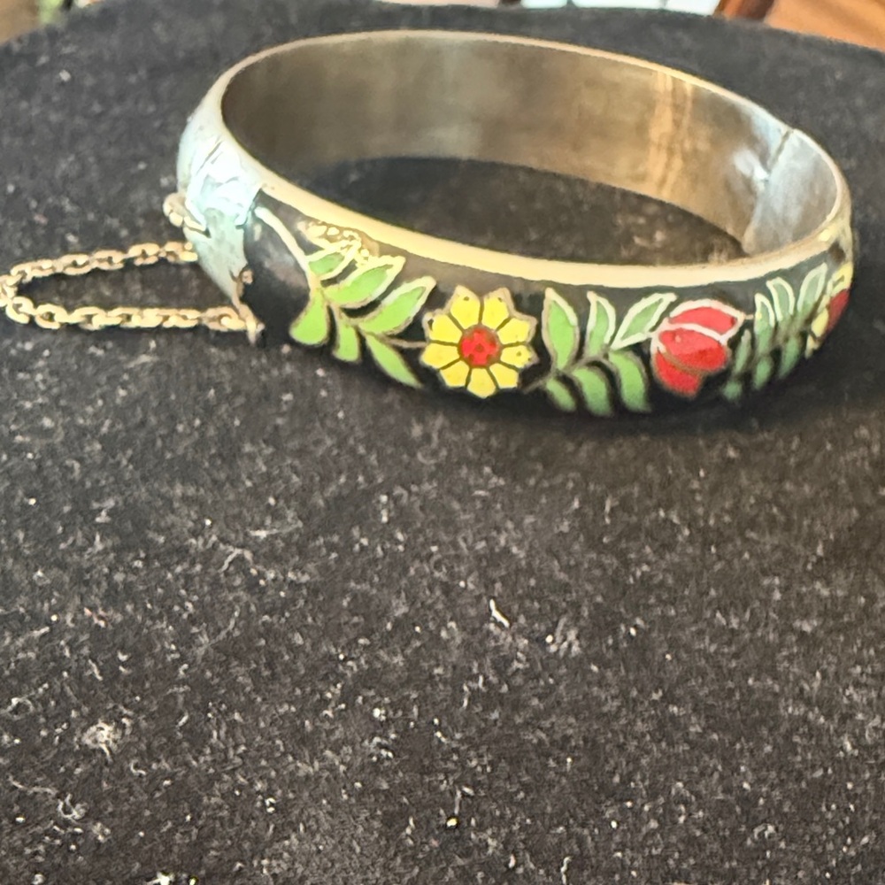 Floral Enamel Bangle Bracelet Siam Sterling